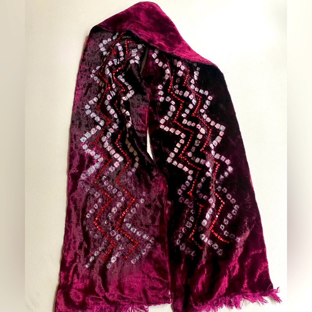 Beautiful Burgundy Velvet Hand Embroidered Scarf